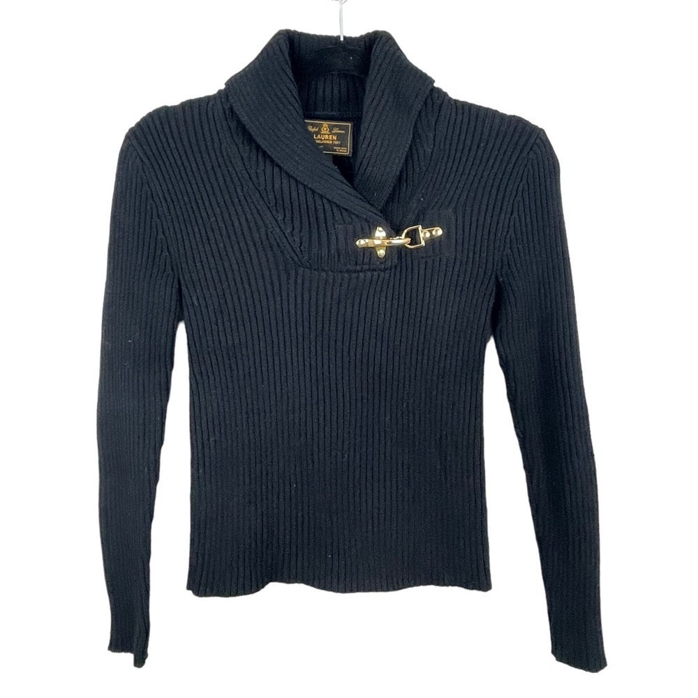 Ralph Lauren Black Label Ribbed Sweater Wrap Cowl Collar Gold Latch Buckle Small